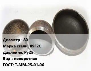 Заглушка стальная 80 Сталь: 09Г2С Ру25 поворотная ГОСТ: Т-ММ-25-01-06